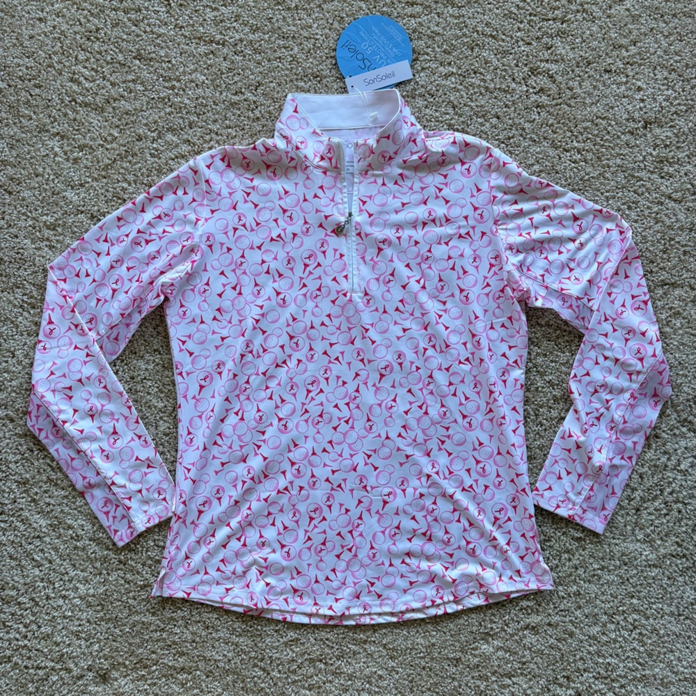 SanSoleil Play for Pink UPF 50 Golf Top Pink Ribbon Print Size L‎ NWT